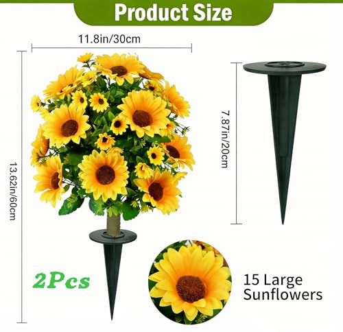 24" Artificial Boxwood Topiary Ball Tree with Ground Spike Sunflower for Outdoor Planters, UV Resistant & Waterproof Bushes, Fake Outdoor Plants for Porch Garden Yard, Set of 2