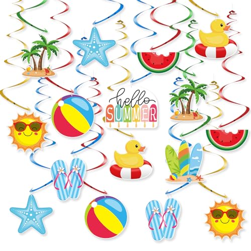 24Pcs Summer Hanging Decorations, Summer Pool Party Ceiling Swirls Cutouts Decor, Beach Theme Hanging Decorations for Home Office Classroom Birthday Beach Party Ceiling - color: Blue