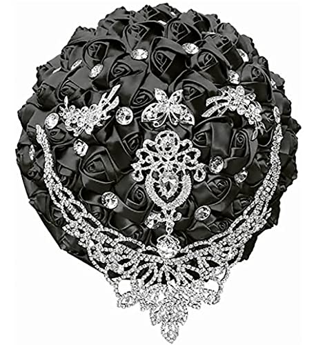 Handmade Luxury Wedding Bridal Bouquet Large Silk Rose Holding Toss Artificial Flowers Bouquets with Satin Ribbon Pearls Rhinestone for Bride Vintage Royal Wedding Bouquet (Black) - color: Black