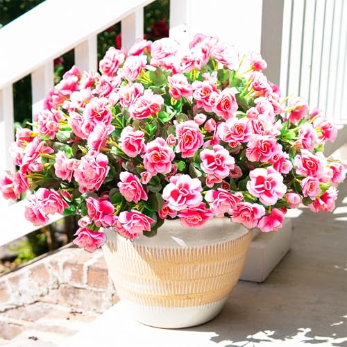 HyeFlora Artificial Faux Outdoor Flowers Plants for Spring Summer Decoration, Fake Silk Camellia UV Resistant Look Real for Planter Outside Front Door Porch Patio Balcony, 3 Large Bundles - color: Pink