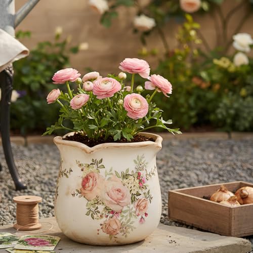 Xiaan Jiaju Ceramic Flower Vase, Rustic Farmhouse Vases & Planting Pots with Drainage, European Home Decor for Mantel Fireplace Bookshelf Wedding Centerpieces, Pink Rose Floral - color: Ivory Blush Floral