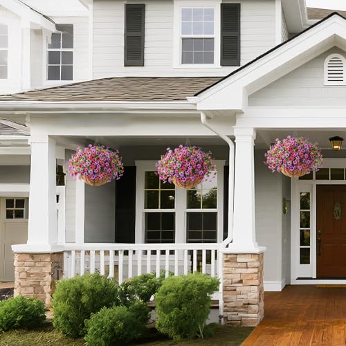 ZFProcess Artificial Flowers Hanging Baskets, 12 Bundles Faux Flowers Outdoor Hanging Basket Spring Summer Decoration, Fake Flower Plants for Porch Patio Balcony Home Yard Decor(Light Purple Red) - color: Light Purple Red