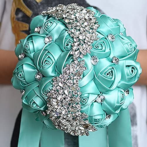 XINNI Handmade Bridal Wedding Bouquet Bride Bridesmaid Satin Rose Flower Bouquet with Meteor Shower Shape Rhinestone Wedding Decoration Turquoise - color: Turquoise