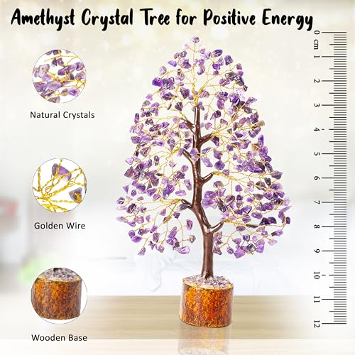 Crocon® Amethyst Tree of Life, Birthday Gifts for Women & Men, Purple House Decor for Shelf Healing Crystals, Spiritual Gift Purple Decor, House Warming Gifts New Home, Birthday Gift for Mom Sister - color: Bg Amethyst (Golden Wire)