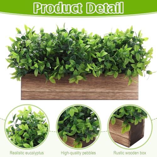 Lyrow 2 Pack 16 '' Artificial Eucalyptus Plants in Rectangular Rustic Wooden Planter Box Faux Potted Herb Plant Greenery Centerpiece for Cabinet Windowsill Table Shelf Wedding Decor (Brown) - color: Brown, size: 16 ''