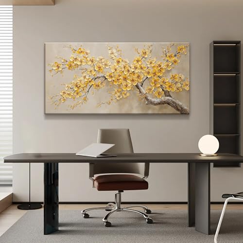 Modern Tree Of Life Wall Art Canvas Prints Ready To Hang Home Wall Decor Golden Yellow Flowers Wall Art Decorations For Living Room Kitchen Bedroom Office Decor 24x48 Inch - color: Yellow, size: 48"L x 24"W
