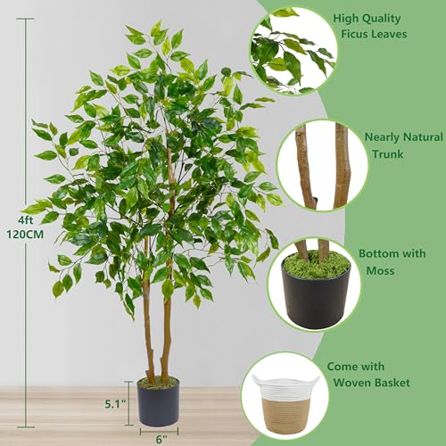 Warmplants Artificial Ficus Tree, 4ft Tall Fake Ficus Tree with Basket, Faux Plant for Indoor Outdoor Home Livingroom Office Garden Porch Décor - color: Ficus, size: 4ft