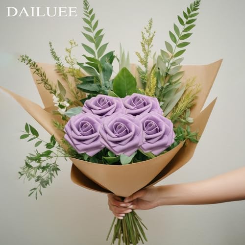Artificial Roses Flowers 25Pcs Real Touch Roses with Stem Foam Fake Roses for DIY Wedding Bouquets Centerpieces Arrangement Party Baby Shower Home Decorations (Purple) - color: Purple