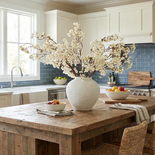 White Cherry Blossom Branches – 6 Pcs 33.5" Long Stem Artificial Flowers for Tall Vase, Premium Faux Silk Spring Decor, Realistic Fake Cherry Blossoms for Home, Wedding & Table Centerpieces - color: White