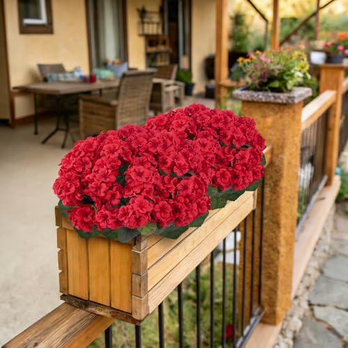12Pcs Red Geraniums Artificial Flowers Realistic Silk Faux Geranium Outdoor UV Resistant Bush Planter Fake Outside Plants for Porch Patio Garden Cemetery Home Decor (Red) - color: Red-12pcs