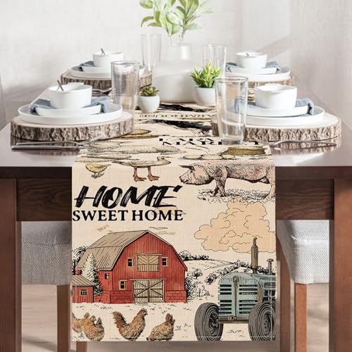Farm Animals Dining Table Runner, Farmhouse Country Cow Lamb Pig Chicken Duck Barn Tractor Burlap Kitchen Decoration, Farmer Market Indoor Outdoor Sweet Home Decor Party Supply 13 x 108 Inches - color: Farm, size: Table Runner 13''X108''