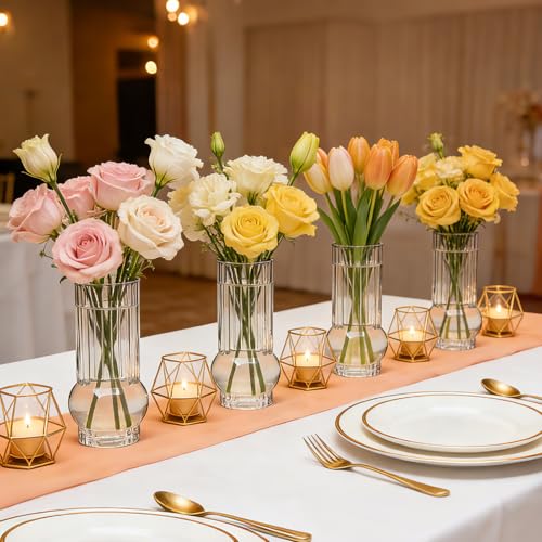 Ribbed Glass Cylinder Vases，6.5 Inch Drinking Glasses，Flower Vase 12 pcs | for Home Decor, Wedding Centerpiece Table Decoration, Modern Glass Flower Vases for Living Room, Dining Table & Event Styling - size: Ribbed Juice Vase-12PCS