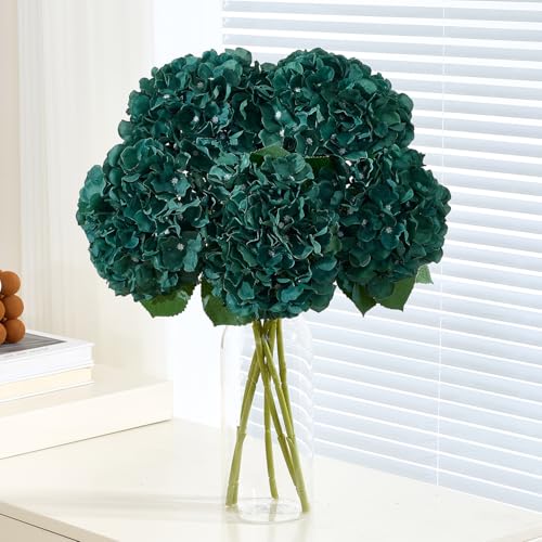 8Pcs Emerald Green Fake Flowers Silk Hydrangea Artificial Flowers Bouquets Faux Hydrangea Stems for Home Table Centerpieces Wedding Party Decoration - color: Emerald Green