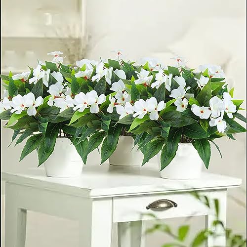 2 Pcs Artificial Impatiens Flowers for Outdoors Faux Impatiens Bushes White Silk Flowers Greenery Artificial Impatiens Bouquet for Patio Lawn Garden Pot Hanging Basket Porch Decoration - color: White