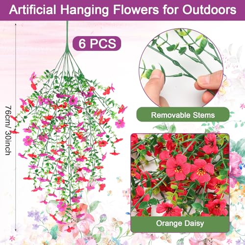 6 Pcs Spring Artificial Hanging Flowers Outdoor Faux Silk Mum Plant Decor Violet with Eucalyptus Realistic UV Resistant Trailing Vine Spring Porch Yard(Lovely Color,Violet) - color: Lovely Color, style: Violet
