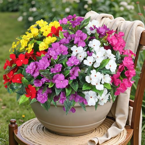 Ouddy Decor 6 Bundles Artificial Impatiens Flowers for Outdoors Decoration, Silk Flowers Bouquet Fake Plants UV Resistant for Spring Summer Garden Porch Window Box Balcony Home Decor, Multicolor - color: Multi Color