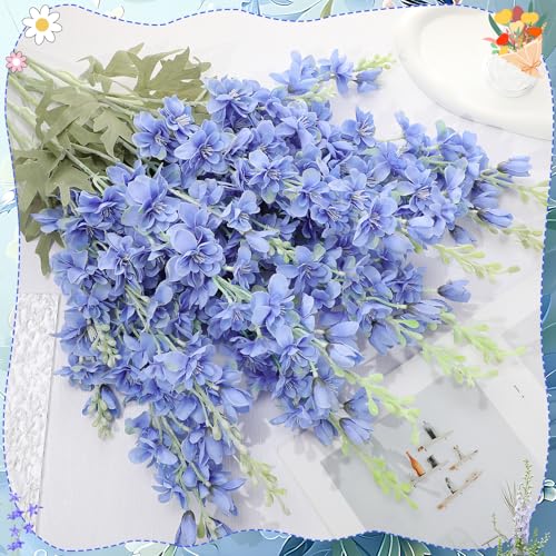 10 Pcs Delphinium Artificial Flowers for Decoration, 33.86 Inch Long Stem Larkspur Fake Flowers Light Blue Faux Silk Bouquets for Tall Vase Wedding Home Decor Floral Arrangements(Dark Blue) - color: Dark Blue, size: 33.86 inch