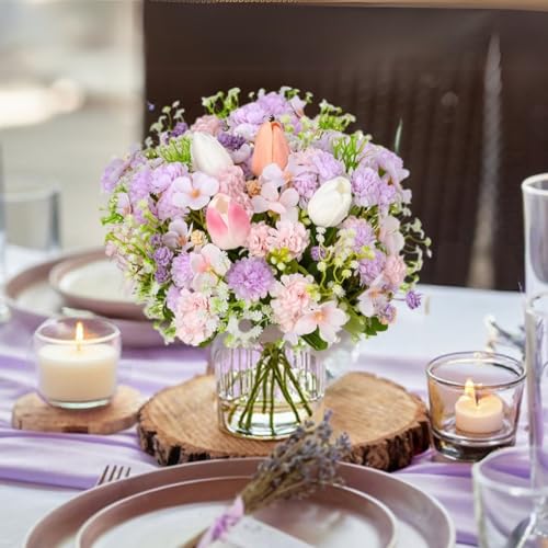 Florielle Artificial Hydrangea Bouquet Fake Silk Flower with Faux Tulips Baby's Breath for Spring Summer Wedding Centerpieces Home Decor Party Table Floral Arrangements (Purple Pink) - color: Purple Pink