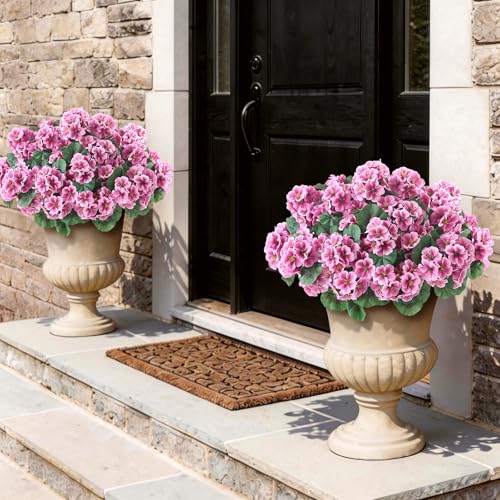 GLIDLION 12 Bundles Artificial Geranium Flowers for Spring Summer Decor, UV-Resistant Fake Plants Realistic Faux Silk Bouquets for Front Door Farmhouse Garden Porch Home Outdoor Decor (Pink) - color: Pink