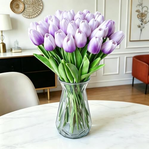 PU Real Touch Tulips Artificial Flowers 20Pcs Fake Flowers Arrangement Bouquet for Home Office Wedding Decoration (Purple) - color: Purple 20pcs