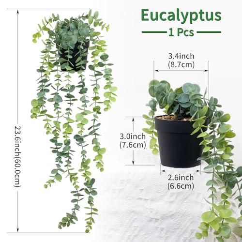 LOYWREE 2 Pack Fake Hanging Plants Artificial Eucalyptus Small Potted Long Vine Plant for Indoor and Outdoor Shelves, Walls, Rooms, Homes, Offices, and Gardens Decor (Black Pot) - color: Eucalyptus, size: 2Pack