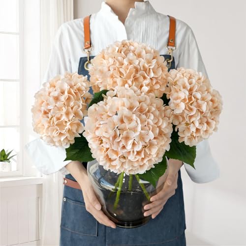 JINWOE Light Coffee Boho Silk Hydrangea Artificial Flowers, 4Pcs 22Inch Full Fake Artificial Hydrangeas with Stems for Bouquet Table Centerpieces Home Decoration Porch Outdoor - color: Light Coffee