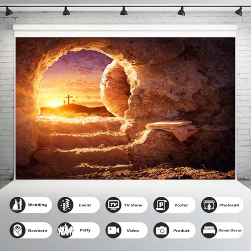 Empty Tomb Backdrop Sunrise Sunset Jesus Christ Crucifixion Resurrection Cave Photography Background Holy Lights Easter Background Three Crosses Jesus Christ Backdrop Props Banner 5x3ft - color: Gloden, size: 5x3ft