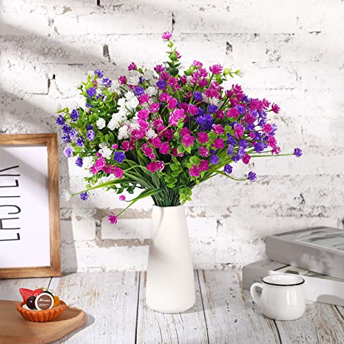 WILLBOND 12 Bundles Artificial Flowers Outdoor, UV Resistant Faux Artificial Plants Shrubs Plastic Flower Bulk for Hanging Planter Porch Window Home Spring Summer Decor(Fuchsia, White, Purple) - color: Fuchsia, White, Purple