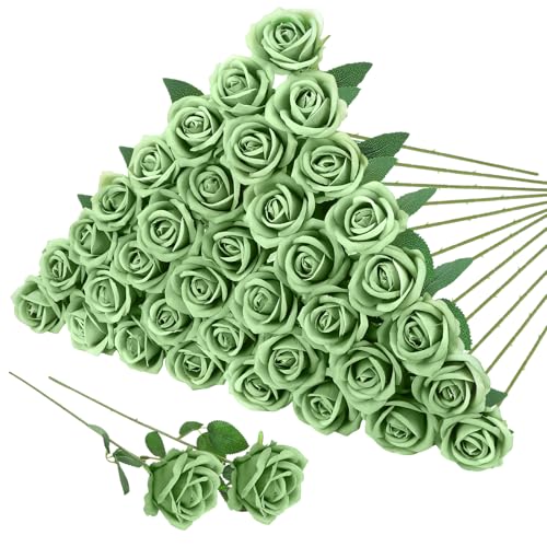 36 Pcs Velvet Texture Sage Green Artificial Flowers Bridal Bouquet, Fake Rose Long Stem Realistic Flowers Bulk for Valentine's Day Wedding Bouquet Ball Arrangement Centerpiece Party Home Deco - color: Sage Green