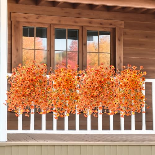 ZFProcess Artificial Fall Flowers for Outdoors, 2PCS Silk Fake Flowers Realistic Daisy Mums UV Resistant Porch Patio Window Yard Decor (Sunset Red) - color: Fall Orange Yellow