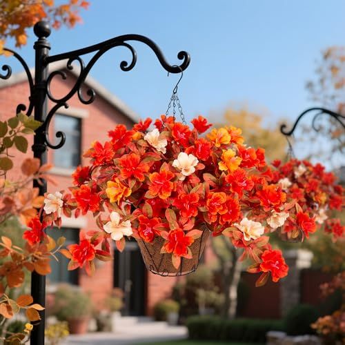 Ammyoo Fall Flowers with Hanging Basket Artificial for Decoration, Fake Silk Rhododendron Flowers for Outdoors, UV Resistant No Fade Floral for Home Garden Balcony Porch Patio Wedding Party Decor - color: Z-orange Yellow White With Basket
