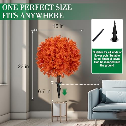 AOKIIE 24" Artificial Boxwood Topiary Bushes UV Resistant for Outdoor 2PCS | Artificial Shrubs with Ground Spike, Orange Faux Outdoor Plants for Indoor & Outdoor Garden, Yard, Porch, Patio - color: Orange