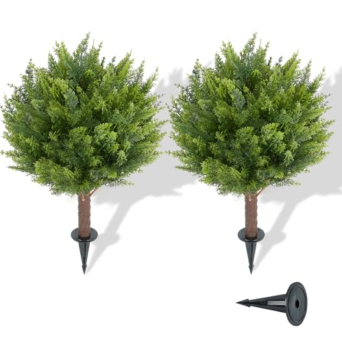 24" Artificial Cedar Topiary Ball Tree Set of 2, UV & Fade Resistant Fake Evergreen Shrubs, Faux Cypress Plants for Indoor Outdoor Front Porch Garden Decor - color: Cedar Tree