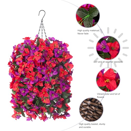 INSPRING Artificial Bougainvillea Faux Flowers Plants Baskets for Outdoor Outside Decoration, 3PCS Fake Silk Flowers Long Trailing Vines UV Resistant Realistic for Front Door Porch Patio (PurpleRed) - color: Purplered