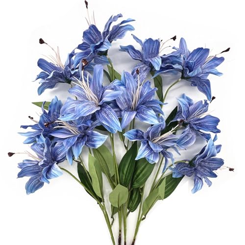 Fake Lily Flower Stargazer Lily Artificial Flowers Decoration, Long Stems Vintage Real Touch Faux Silk Lilies Bouquet for Spring Indoor Home Office Wedding Party Centerpiece Arrangement - Blue 4 Pack - color: Lily Flowers - Blue 4 Pcs