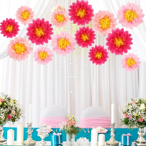 BestoFun 14 PCS Hot Pink Tissue Paper Flowers – Party Decorations for Birthday, Baby Shower, Wedding, Bridal Shower, and Fiesta Events - color: Hot Pink