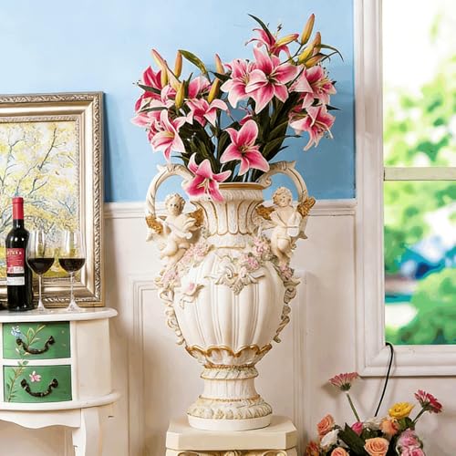 European Style Angel Cherub Floor Vase, Resin, Beige, 28.35" H x 19.70" L x 13.20" W, Baroque Baroque Art Deco for Living Room