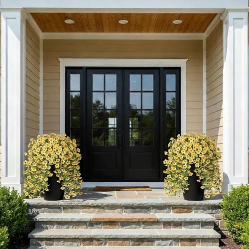 GLIDLION 8 PCS Artificial Morning Glory & Eucalyptus for Outside, Realistic Sun Resistant Fake Silk Hang Flower Faux Eucalyptus Leave for Patio Farmhouse Garden Porches Balcony Decor (Yellow) - color: Yellow