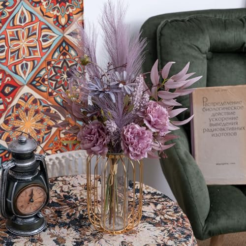 Artificial Fake Faux Flowers Silk Flower Arrangements Bouquets Consists of Peonies, Chrysanthemums, Pampas Grass (Purple) - color: Purple