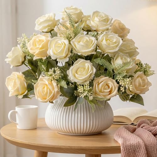 Fake Roses Champagne Roses Artificial Roses Silk Roses Artificial Roses with Stems 24 Full Flower Heads Faux Roses for Indoor Centerpieces home Wedding Farmhouse Decoration No Vase(4PCS,Champagne) - color: Champagne 4pcs