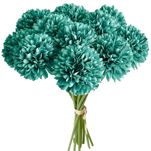 Mandy's 12pcs Artificial Teal Chrysanthemum | 11.8 inch Artificial Mums Flowers for Home Table Centerpiece Summer Decor Silk Flowers for Porch Patio and Wedding - color: Teal