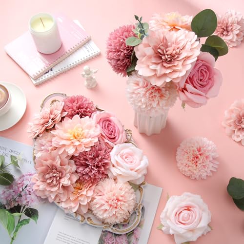 Suncalla 98 Pcs Artificial Flowers Bouquet Assorted Faux Flowers Heads with Stem Eucalyptus Leaves Silk Floral Table Centerpiece for DIY Wedding Party Wreath Home Decor(Pink Color) - color: Pink Color