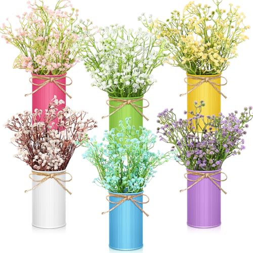 Maxdot 6 Sets Flower Centerpieces for Table Summer Artificial Baby Breath Flowers with Metal Vase Multicolor Faux Gypsophila Floral Arrangement Spring Summer Decorations for Home Wedding Party Decor - color: Classic