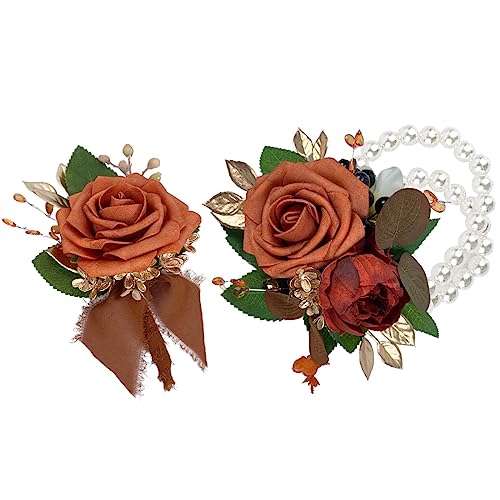 CherishedMoments Burnt Orange Handmade Artificial Rose Peony Wrist Corsage and Boutonniere Set for Men's Wedding, Bridesmaid Hand Flower for Wedding Prom Suit Decorations - color: Burnt Orange