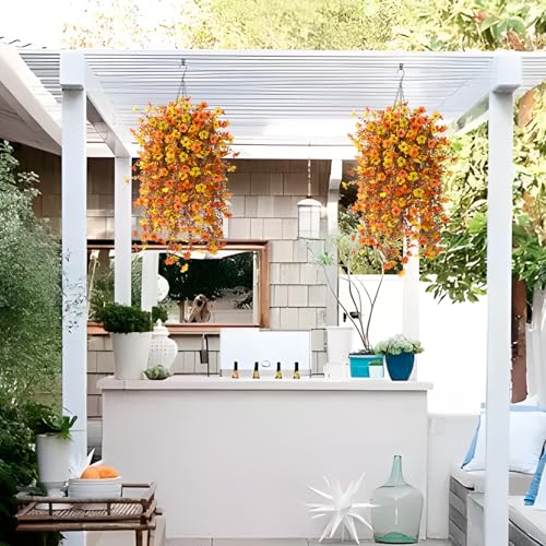 Homsunny Fall Artificial Fake Mums Hanging Flowers Plants Basket for Outdoor Autumn Decoration, Fake Silk Orange Planters UV Resistant Look Real for Home Patio Balcony Yard Porch Decor(Yellow Orange) - color: Orange Yellow