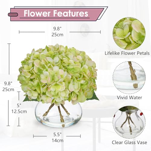 Hollyone Green Hydrangea Artificial Flowers with Glass Vase Silk Faux Flowers Arrangements in Vase with Faux Water Fake Floral Bulk Bouquet for Home Decor Table Centerpiece Decorations - color: Hydrangea, Green