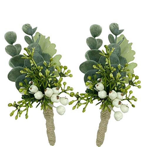 Green Eucalyptus Boutonniere for Men, Artificial Succulent Plant Leaves Realistic White Berry for Wedding Prom Homecoming Outdoor Events Decor 6 Pcs - color: Corsage a 6