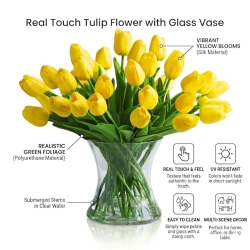 Real Touch Artificial Tulips with Glass Vase and Acrylic Water, 40 Pcs Fake Tulip Flowers Bouquet for Home Office Decor, Silk Flowers Arrangements for Dining Table Wedding Centerpiece (Yellow) - color: Yellow