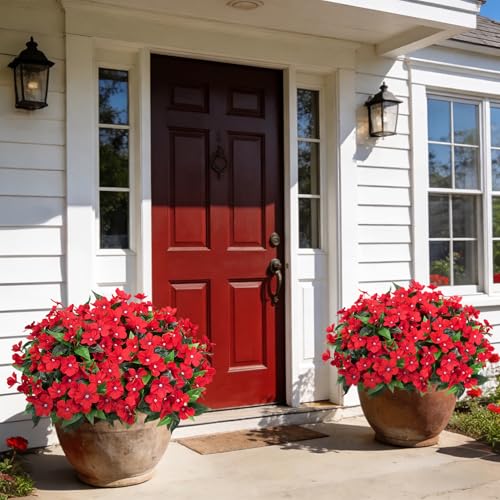 Ouddy Decor 6 Bundles Artificial Flowers for Outdoors Decorations, Fake Silk Flowers Faux Plants Plastic Bouquet UV Resistant for Porch Garden Wedding Spring Summer Indoor Outside Home Decor, Red - color: Red