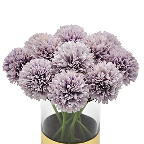 10Pcs Artificial Fake Flower Plants Silk Chrysanthemum Ball Hydrangea Arrangements Wedding Bouquets Decor Home Kitchen Garden Party Table Floral Centerpieces DIY (Grey Purple) - color: Grey Purple